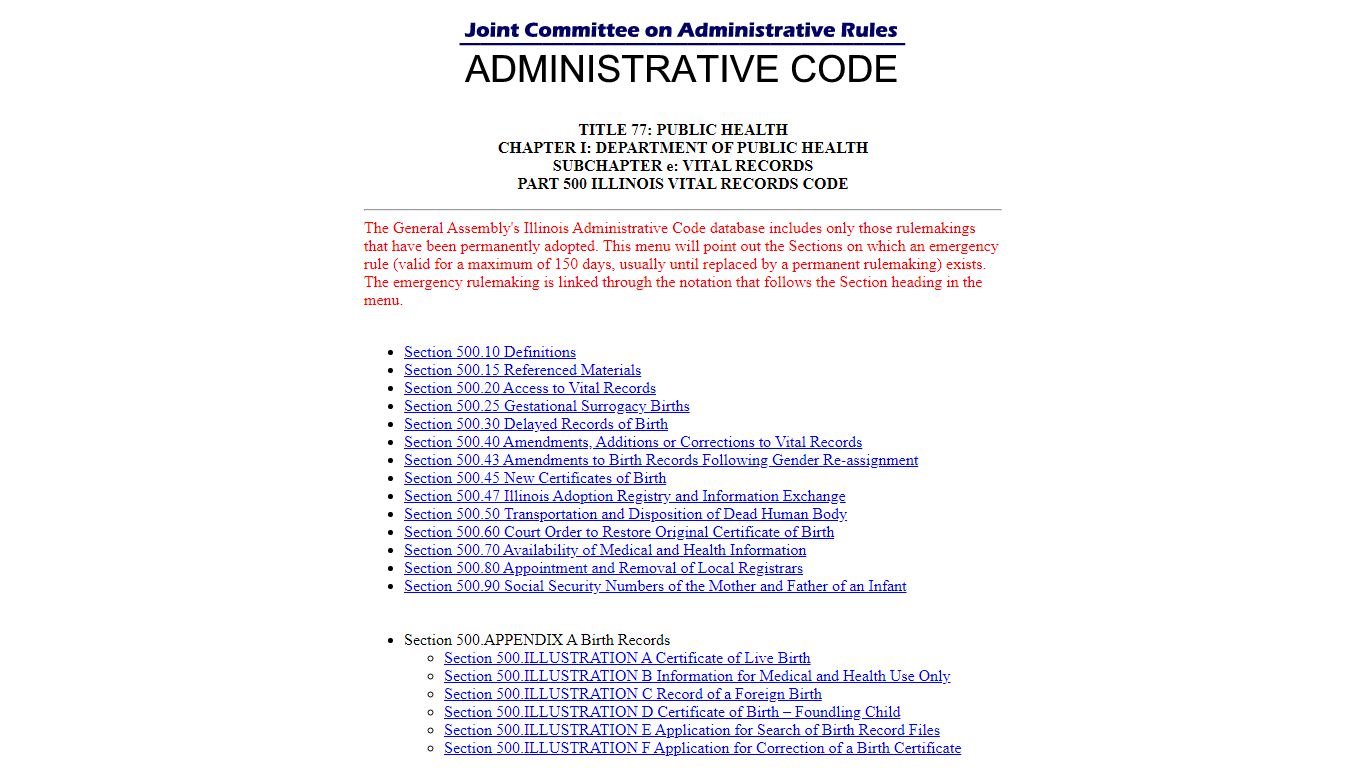 PART 500 ILLINOIS VITAL RECORDS CODE : Sections Listing
